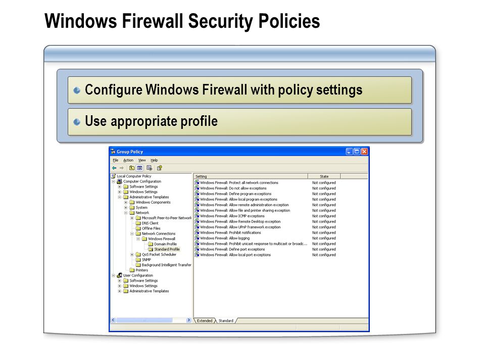 Windows Firewall Security Policies Configure Windows Firewall with policy settings Use appropriate profile