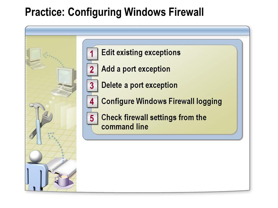 Practice: Configuring Windows Firewall Edit existing exceptions Add a port exception Delete a port exception Configure Windows Firewall logging Check firewall settings from the command line Edit existing exceptions Add a port exception Delete a port exception Configure Windows Firewall logging Check firewall settings from the command line