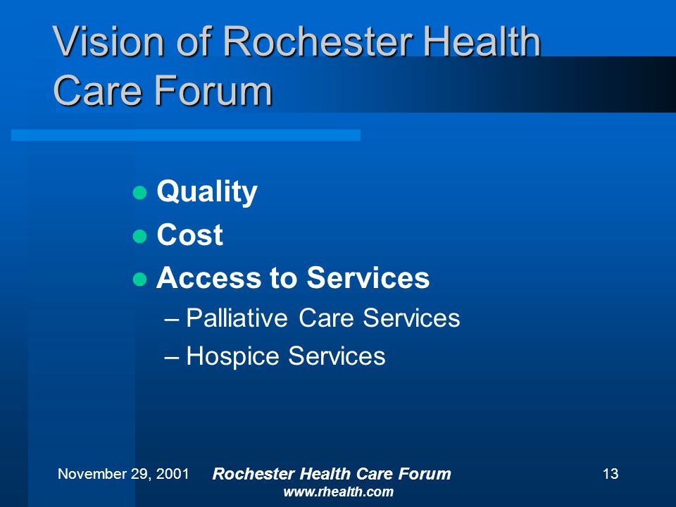November 29, 2001 Rochester Health Care Forum   13 Vision of Rochester Health Care Forum Quality Cost Access to Services –Palliative Care Services –Hospice Services