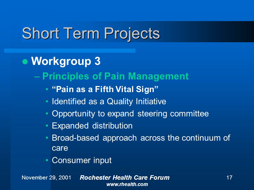 November 29, 2001 Rochester Health Care Forum   17 Short Term Projects Workgroup 3 –Principles of Pain Management Pain as a Fifth Vital Sign Identified as a Quality Initiative Opportunity to expand steering committee Expanded distribution Broad-based approach across the continuum of care Consumer input
