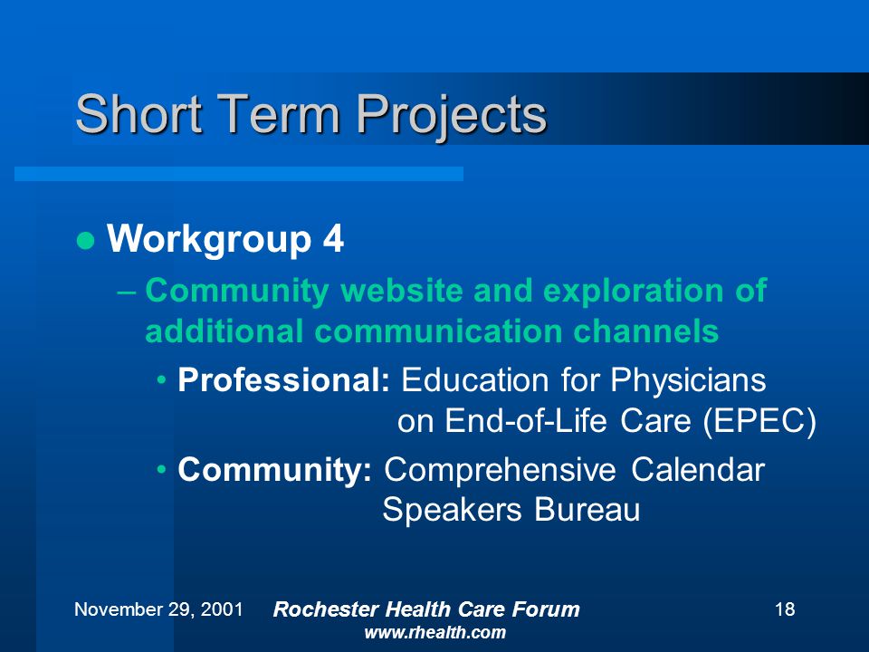 November 29, 2001 Rochester Health Care Forum   18 Short Term Projects Workgroup 4 –Community website and exploration of additional communication channels Professional: Education for Physicians on End-of-Life Care (EPEC) Community: Comprehensive Calendar Speakers Bureau