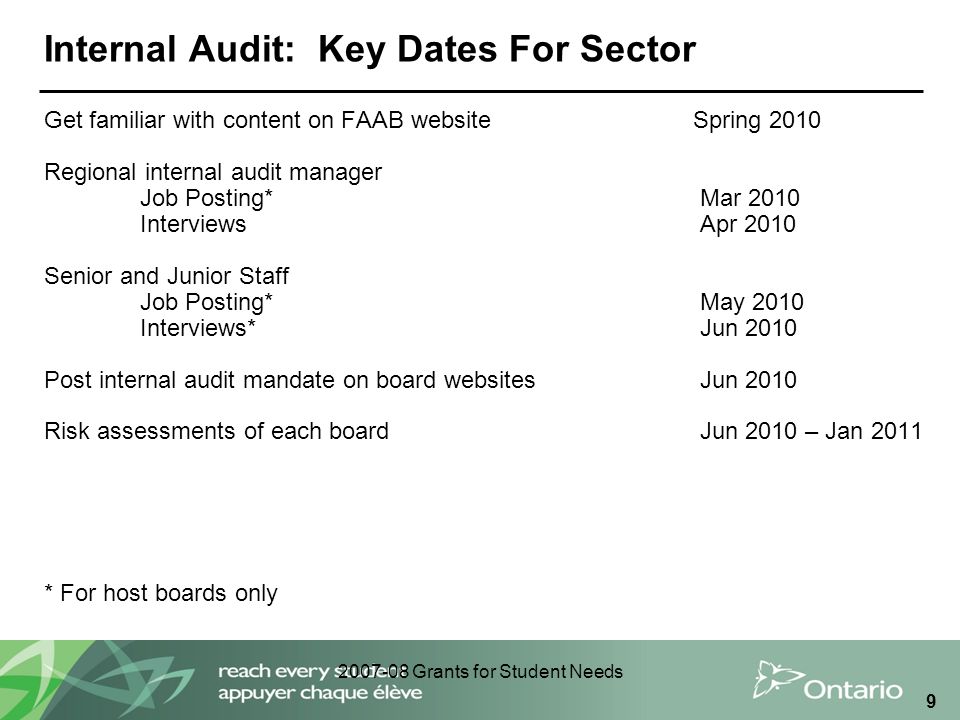 Grants for Student Needs 9 Internal Audit: Key Dates For Sector Get familiar with content on FAAB website Spring 2010 Regional internal audit manager Job Posting* Mar 2010 Interviews Apr 2010 Senior and Junior Staff Job Posting* May 2010 Interviews* Jun 2010 Post internal audit mandate on board websites Jun 2010 Risk assessments of each board Jun 2010 – Jan 2011 * For host boards only