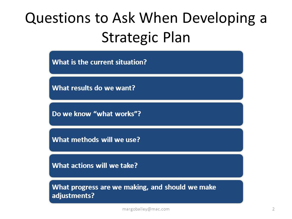 Questions to Ask When Developing a Strategic Plan 2 What is the current situation What results do we want Do we know what works What methods will we use What actions will we take.