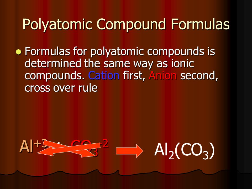 Polyatomic Compound Formulas Formulas for polyatomic compounds is determined the same way as ionic compounds.