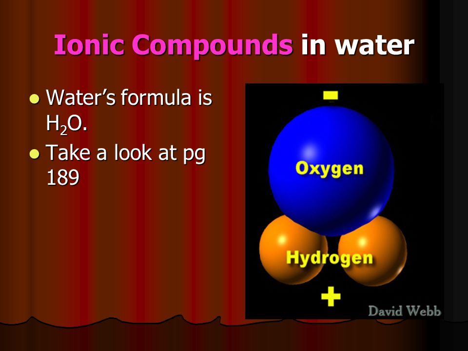 Ionic Compounds in water Water’s formula is H 2 O.