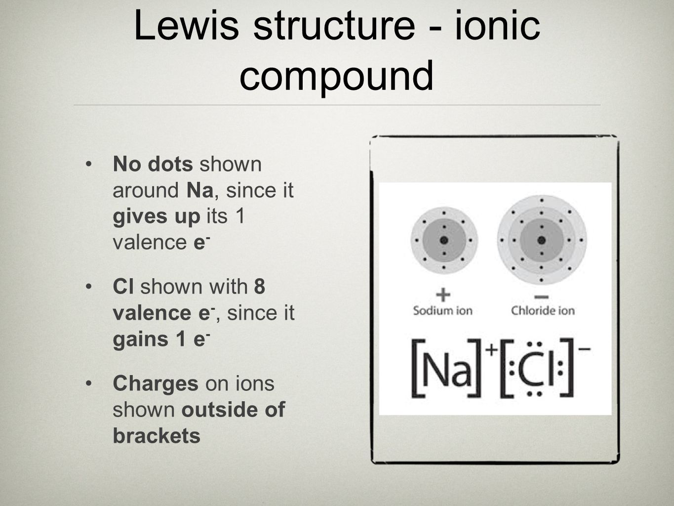 Lewis structure - ionic compound No dots shown around Na, since it gives up its 1 valence e - Cl shown with 8 valence e -, since it gains 1 e - Charges on ions shown outside of brackets