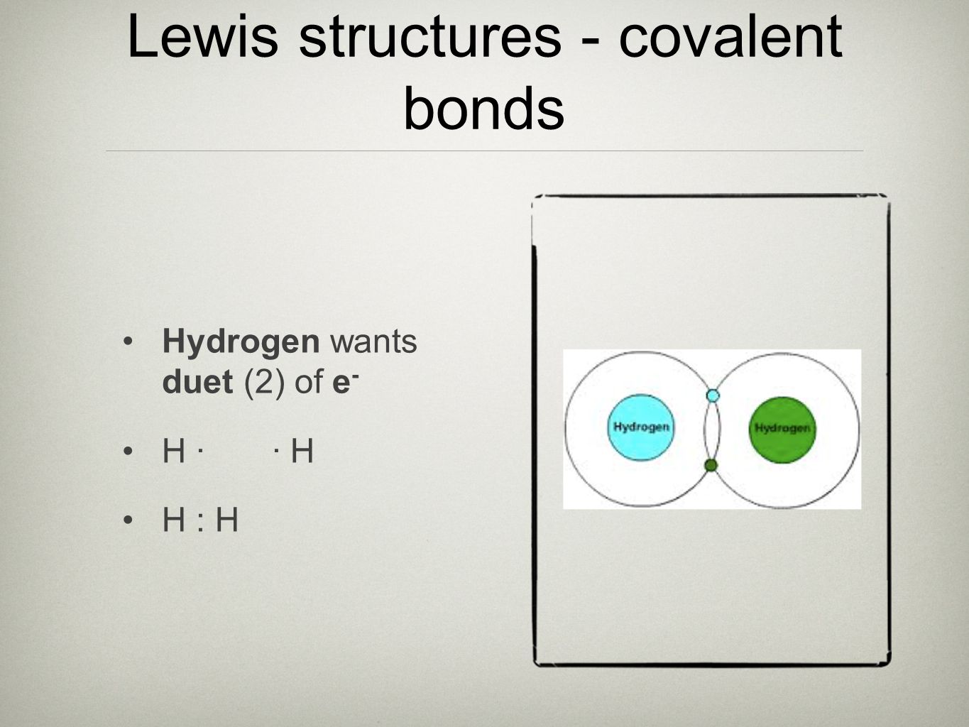 Lewis structures - covalent bonds Hydrogen wants duet (2) of e - H · · H H : H