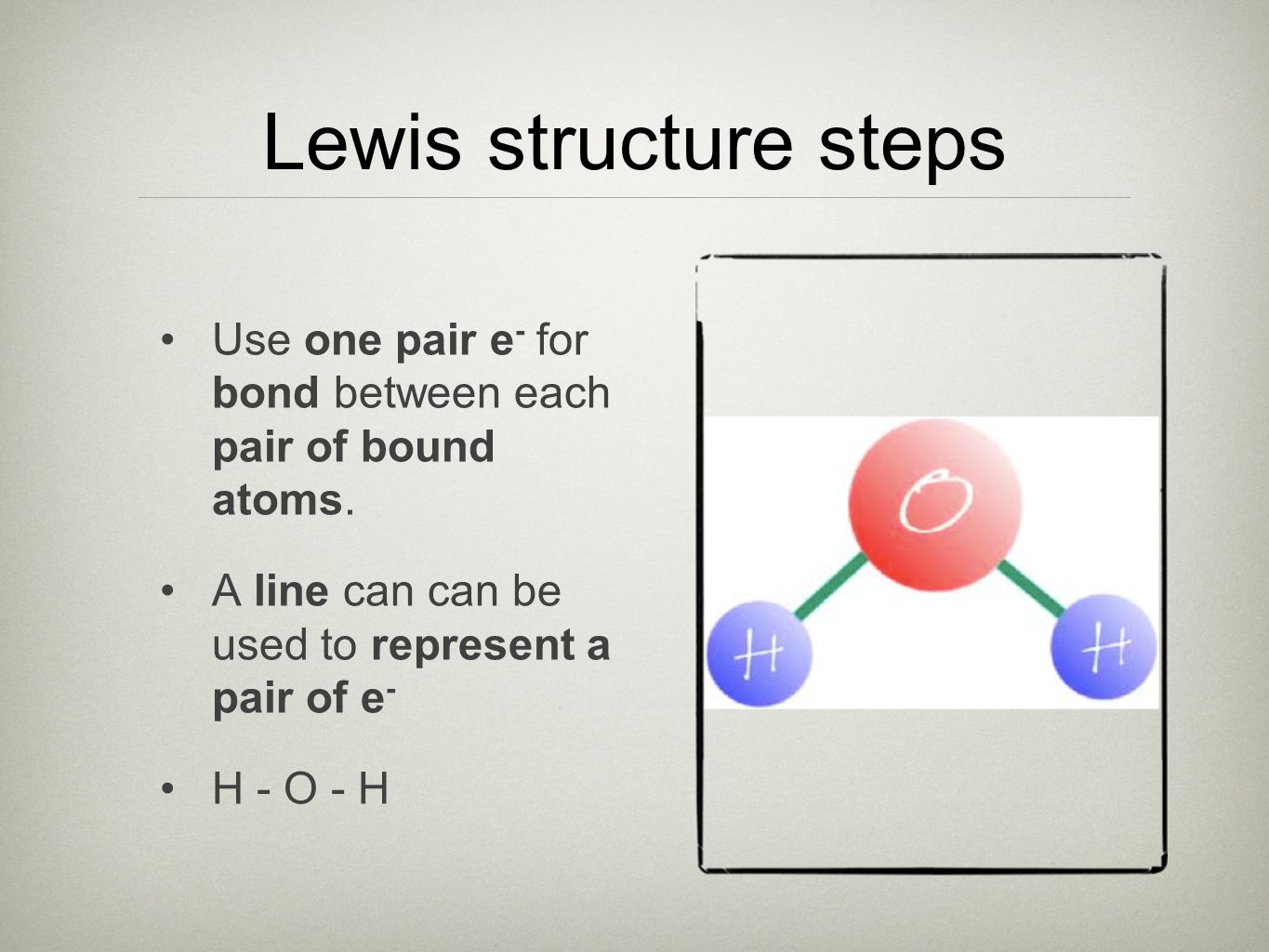 Lewis structure steps Use one pair e - for bond between each pair of bound atoms.