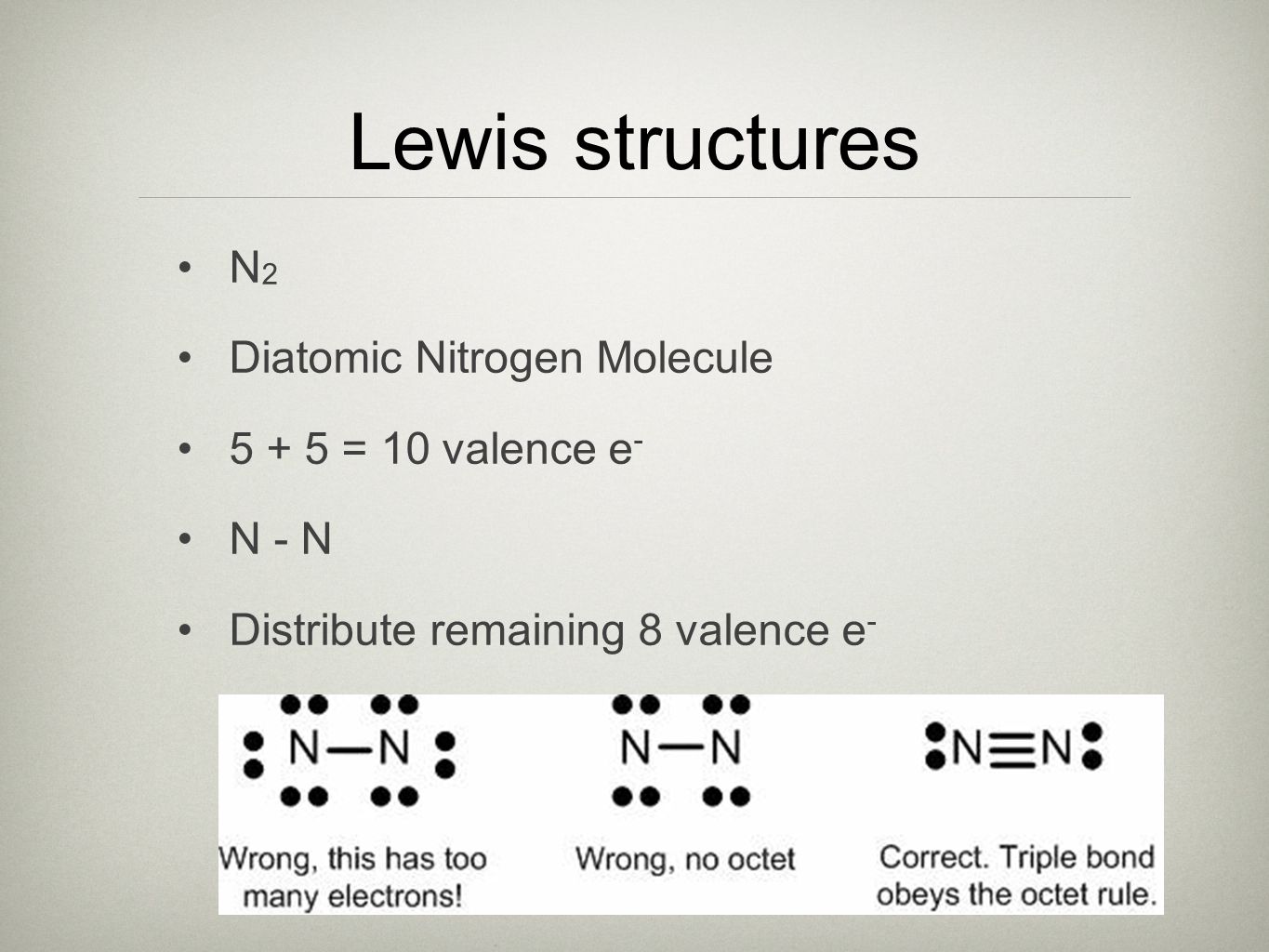 Lewis structures N 2 Diatomic Nitrogen Molecule = 10 valence e - N - N Distribute remaining 8 valence e -