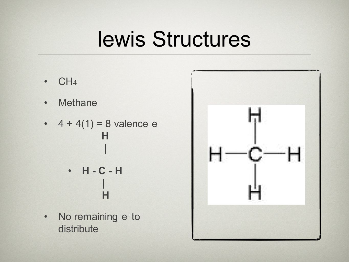 lewis Structures CH 4 Methane 4 + 4(1) = 8 valence e - H | H - C - H | H No remaining e - to distribute