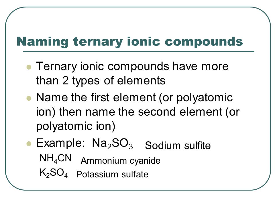 Naming ternary ionic compounds Ternary ionic compounds have more than 2 types of elements Name the first element (or polyatomic ion) then name the second element (or polyatomic ion) Example: Na 2 SO 3 NH 4 CN K 2 SO 4 Sodium sulfite Ammonium cyanide Potassium sulfate
