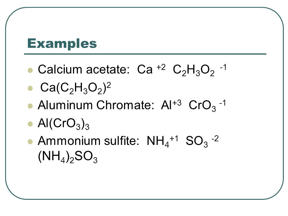 Examples Calcium acetate: Ca +2 C 2 H 3 O 2 -1 Ca(C 2 H 3 O 2 ) 2 Aluminum Chromate: Al +3 CrO 3 -1 Al(CrO 3 ) 3 Ammonium sulfite: NH 4 +1 SO 3 -2 (NH 4 ) 2 SO 3