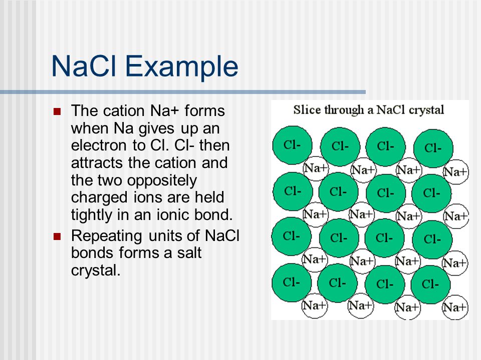 NaCl Example The cation Na+ forms when Na gives up an electron to Cl.