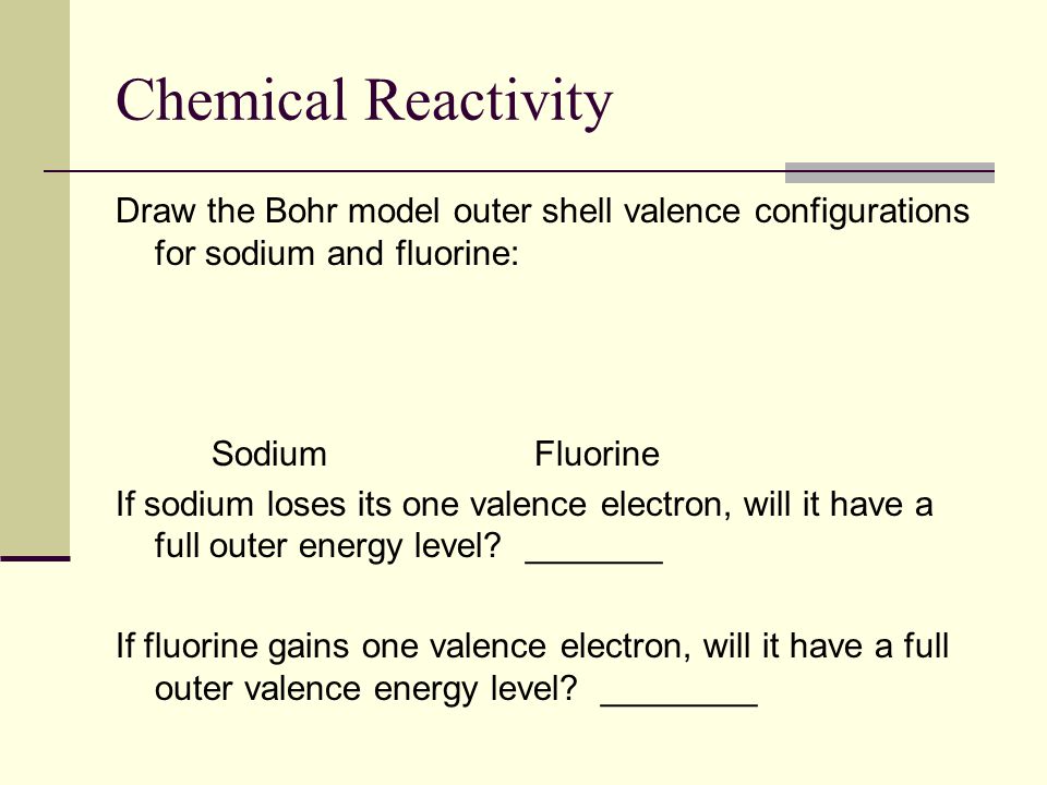 Chemical Reactivity Draw the Bohr model outer shell valence configurations for sodium and fluorine: SodiumFluorine If sodium loses its one valence electron, will it have a full outer energy level.