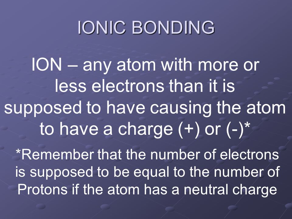 IONIC BONDING ION – any atom with more or less electrons than it is supposed to have causing the atom to have a charge (+) or (-)* *Remember that the number of electrons is supposed to be equal to the number of Protons if the atom has a neutral charge