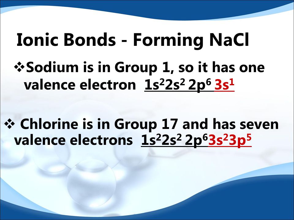 Ionic Bonds- Example An example of a substance having ionic bonds is NaCl, sodium chloride.
