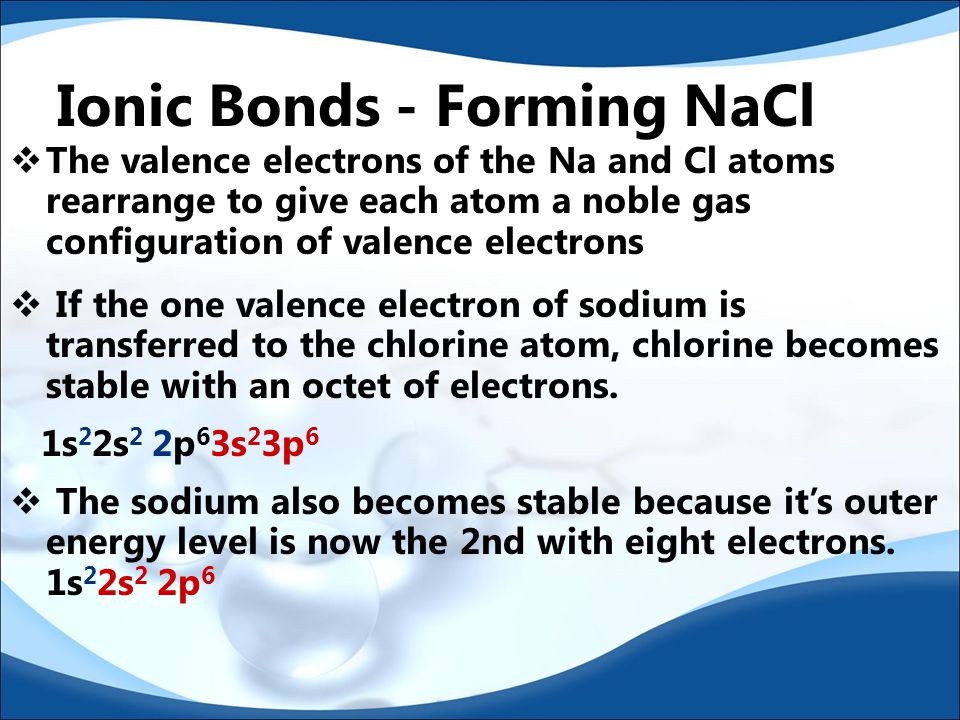 Ionic Bonds - Forming NaCl  Sodium is in Group 1, so it has one valence electron 1s 2 2s 2 2p 6 3s 1  Chlorine is in Group 17 and has seven valence electrons 1s 2 2s 2 2p 6 3s 2 3p 5