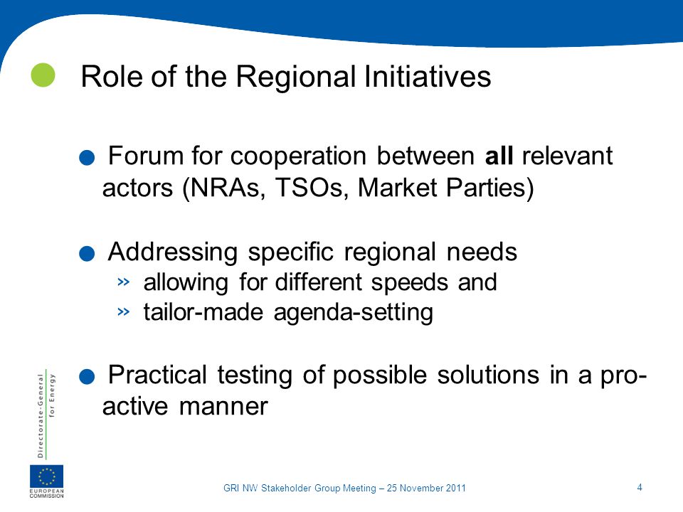 4 GRI NW Stakeholder Group Meeting – 25 November 2011 Role of the Regional Initiatives.