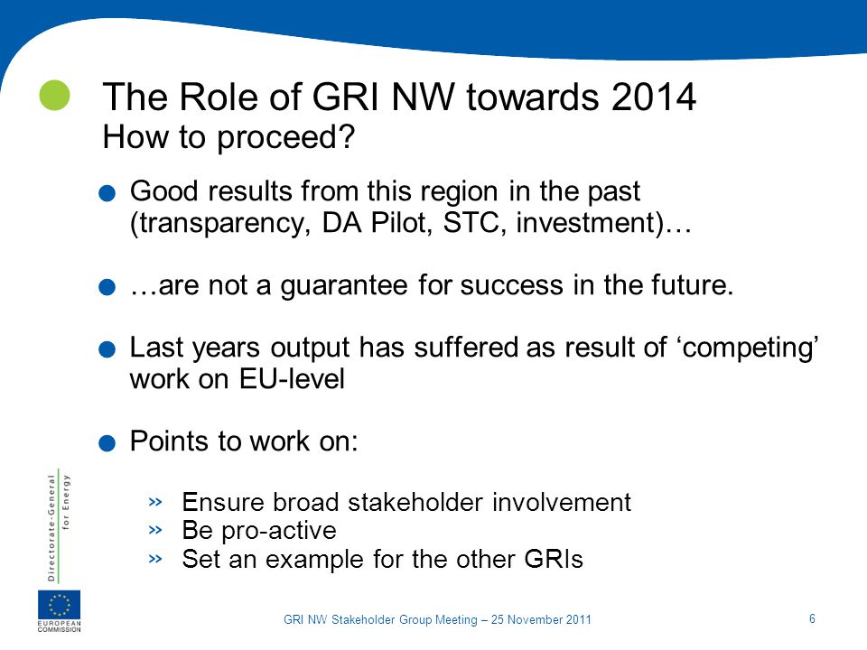 6 GRI NW Stakeholder Group Meeting – 25 November 2011 The Role of GRI NW towards 2014 How to proceed .