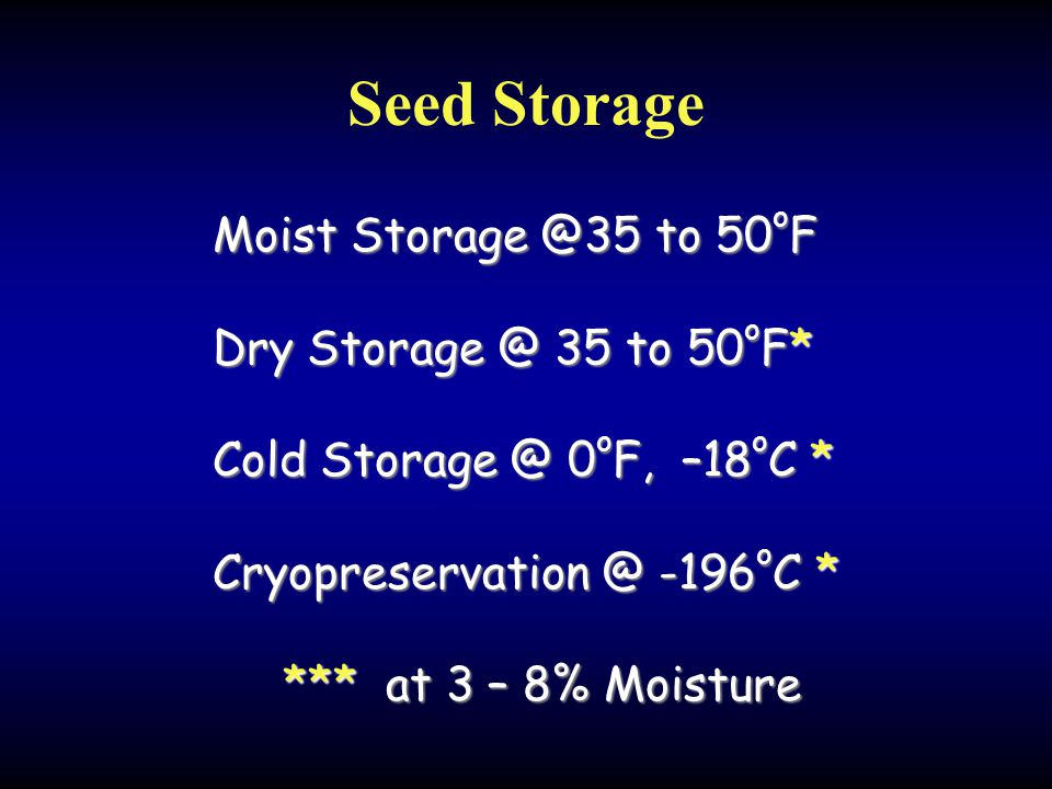 Seed Storage Moist to 50 o F Dry 35 to 50 o F* Cold 0 o F, –18 o C * -196 o C * *** at 3 – 8% Moisture *** at 3 – 8% Moisture