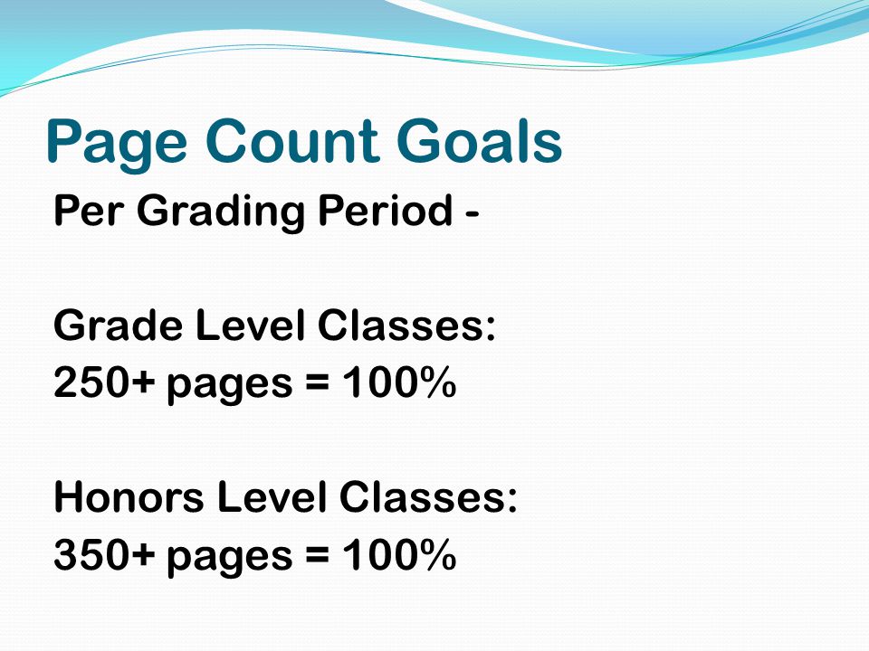 Page Count Goals Per Grading Period - Grade Level Classes: 250+ pages = 100% Honors Level Classes: 350+ pages = 100%