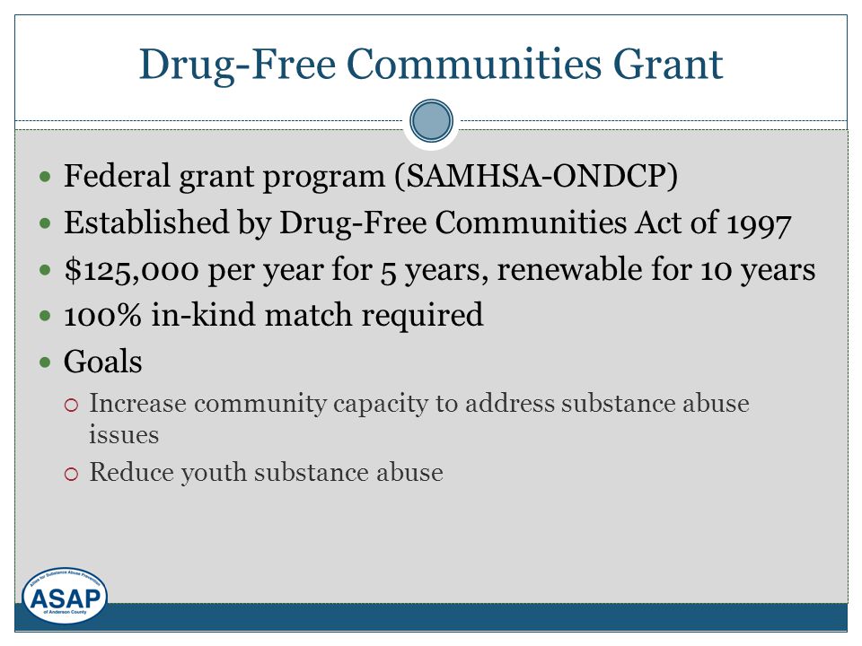 Drug-Free Communities Grant Federal grant program (SAMHSA-ONDCP) Established by Drug-Free Communities Act of 1997 $125,000 per year for 5 years, renewable for 10 years 100% in-kind match required Goals  Increase community capacity to address substance abuse issues  Reduce youth substance abuse