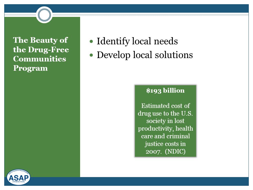 The Beauty of the Drug-Free Communities Program Identify local needs Develop local solutions $193 billion Estimated cost of drug use to the U.S.