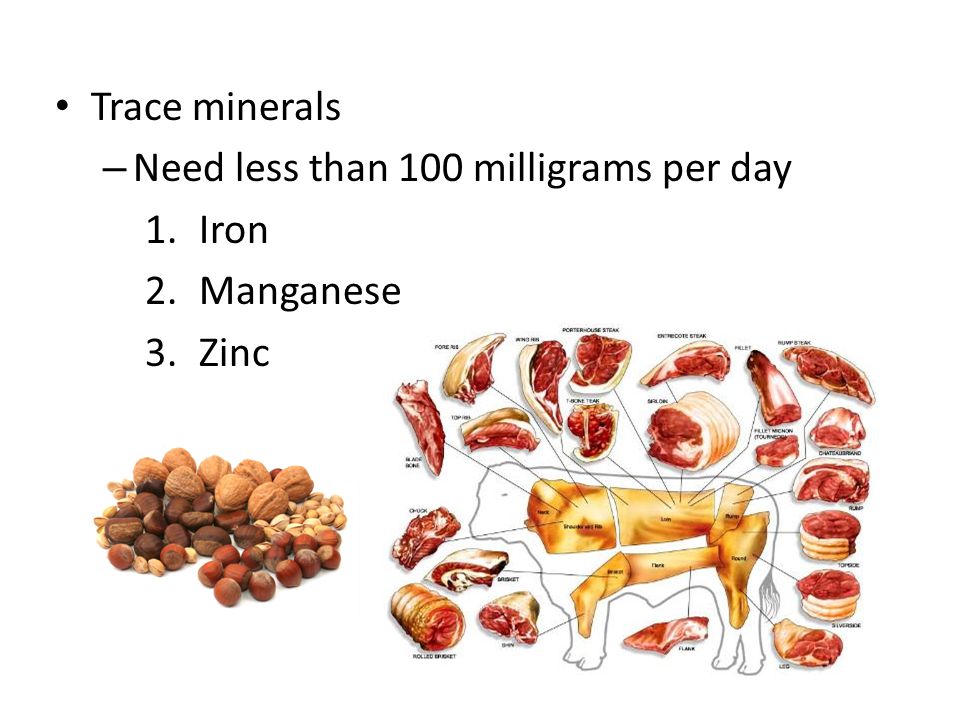 Trace minerals – Need less than 100 milligrams per day 1.Iron 2.Manganese 3.Zinc