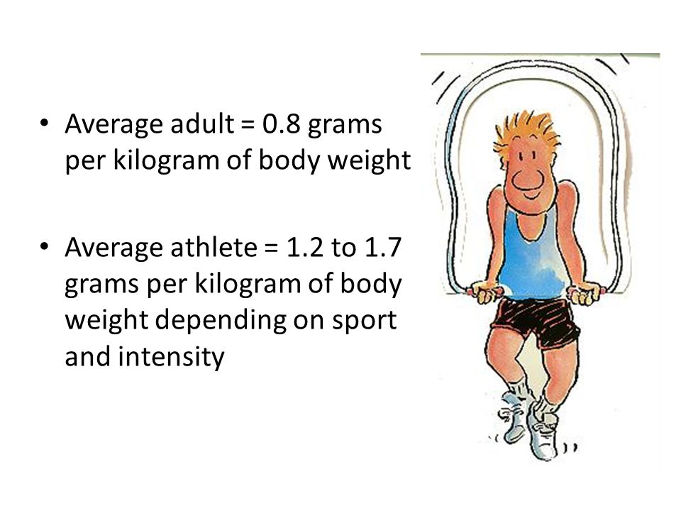 Average adult = 0.8 grams per kilogram of body weight Average athlete = 1.2 to 1.7 grams per kilogram of body weight depending on sport and intensity