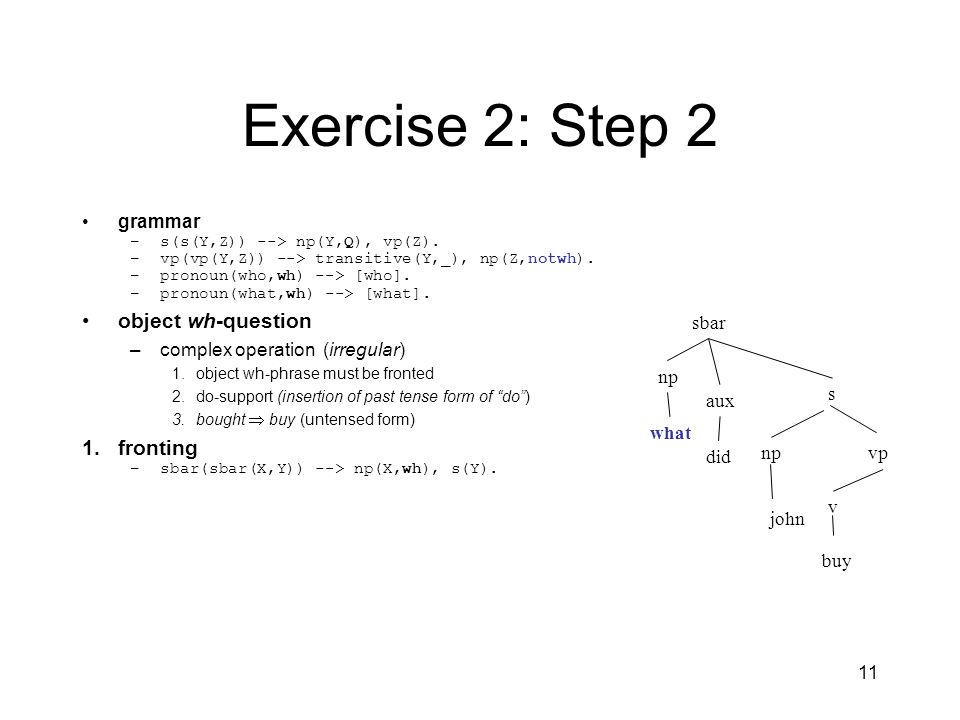 11 Exercise 2: Step 2 grammar –s(s(Y,Z)) --> np(Y,Q), vp(Z).
