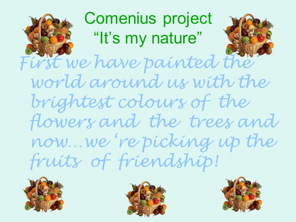 Comenius project It’s my nature First we have painted the world around us with the brightest colours of the flowers and the trees and now…we ‘re picking up the fruits of friendship!