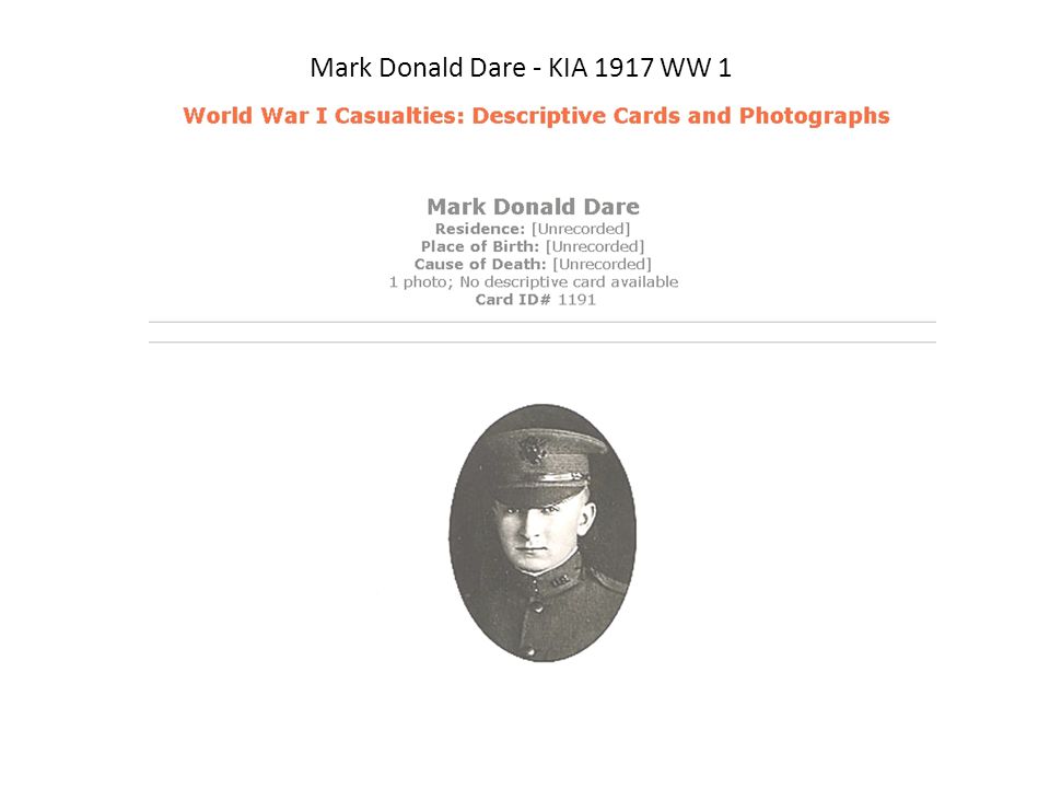 Mark Donald Dare - KIA 1917 WW 1