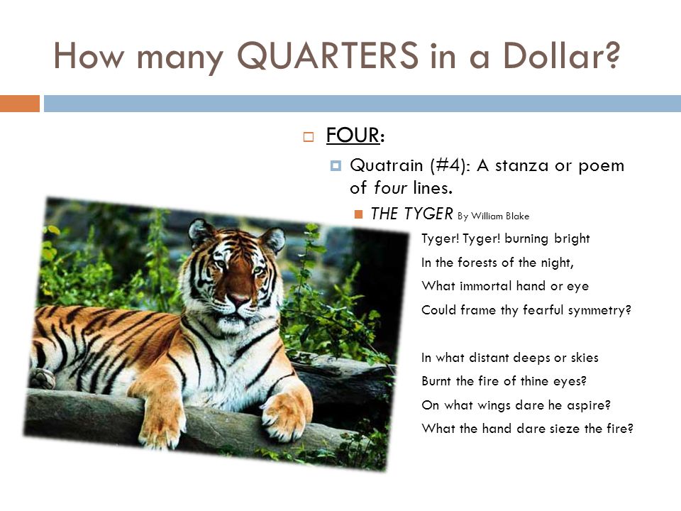 How many QUARTERS in a Dollar.  FOUR:  Quatrain (#4): A stanza or poem of four lines.