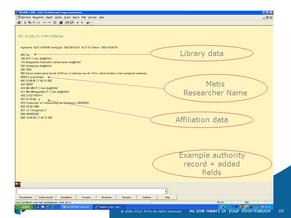 23 Example authority record + added fields Library data Metis Researcher Name Affiliation data