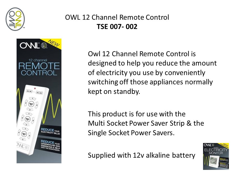 2 extra sockets x2 OWL Power Saver Single Socket Adaptors + 4-Channel Remote 