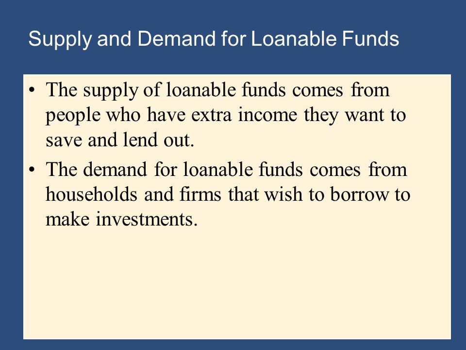Supply and Demand for Loanable Funds The supply of loanable funds comes from people who have extra income they want to save and lend out.