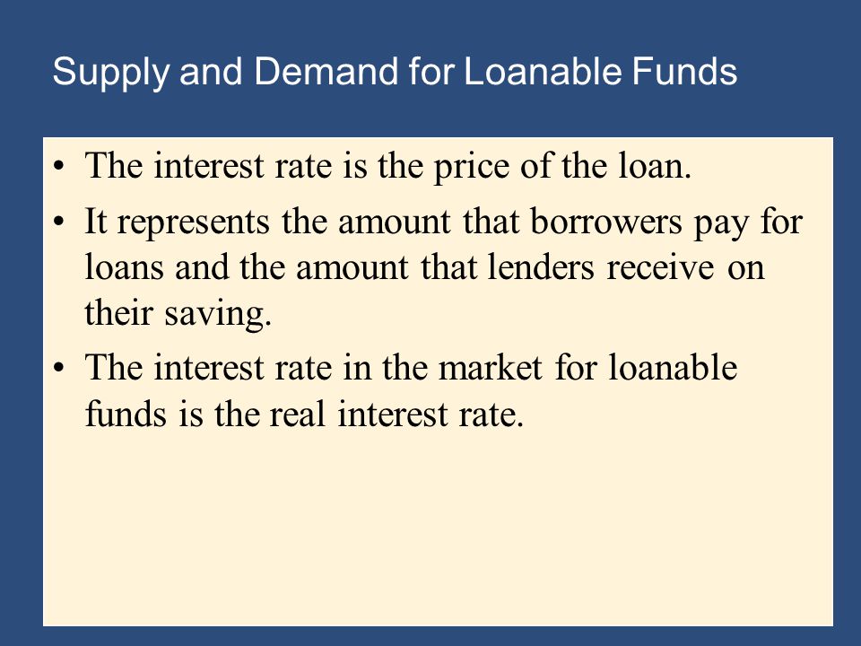 Supply and Demand for Loanable Funds The interest rate is the price of the loan.