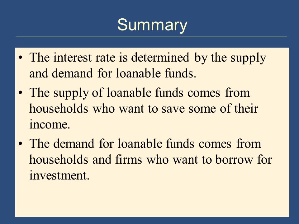 Summary The interest rate is determined by the supply and demand for loanable funds.