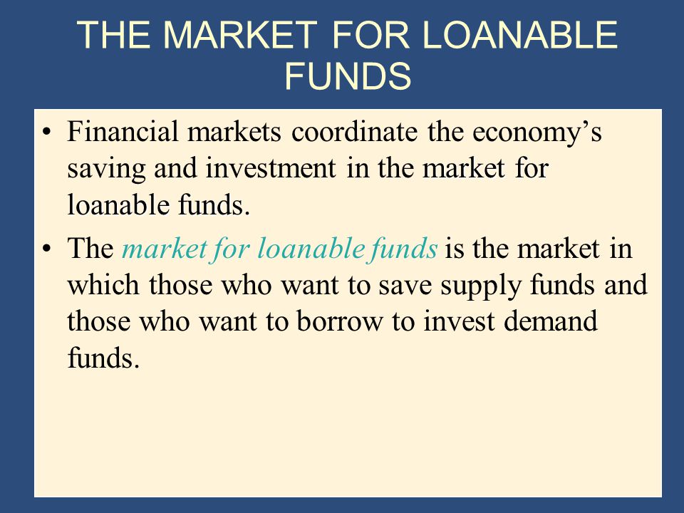 THE MARKET FOR LOANABLE FUNDS market for loanable funds.Financial markets coordinate the economy’s saving and investment in the market for loanable funds.