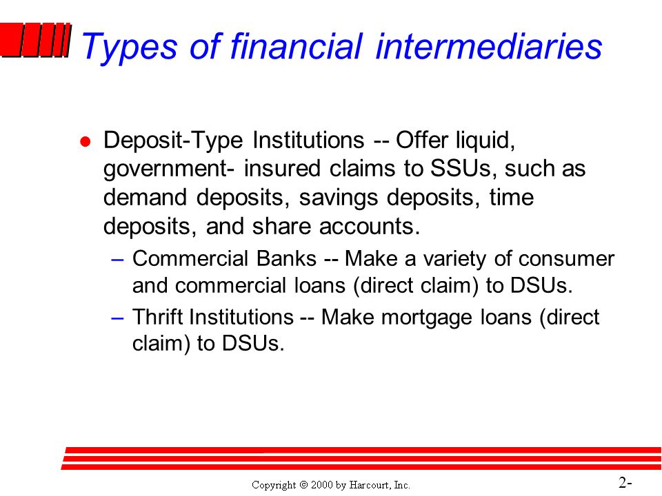 2- 15 Types of financial intermediaries l Deposit-Type Institutions -- Offer liquid, government- insured claims to SSUs, such as demand deposits, savings deposits, time deposits, and share accounts.