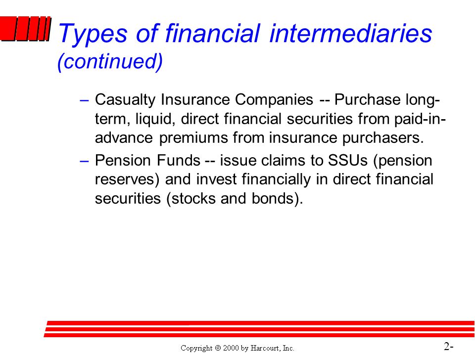 2- 19 Types of financial intermediaries (continued) –Casualty Insurance Companies -- Purchase long- term, liquid, direct financial securities from paid-in- advance premiums from insurance purchasers.
