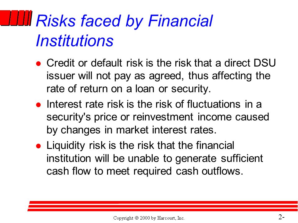 2- 27 Risks faced by Financial Institutions l Credit or default risk is the risk that a direct DSU issuer will not pay as agreed, thus affecting the rate of return on a loan or security.