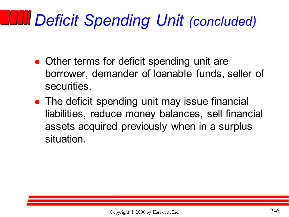 2-6 Deficit Spending Unit (concluded) l Other terms for deficit spending unit are borrower, demander of loanable funds, seller of securities.
