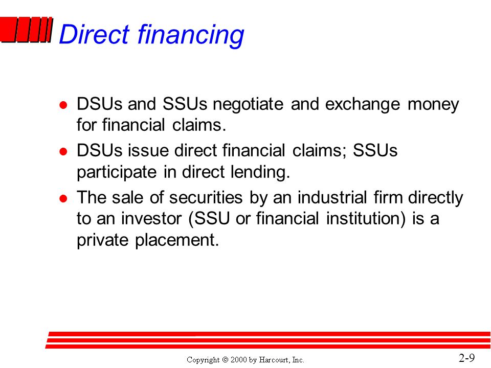 2-9 Direct financing l DSUs and SSUs negotiate and exchange money for financial claims.