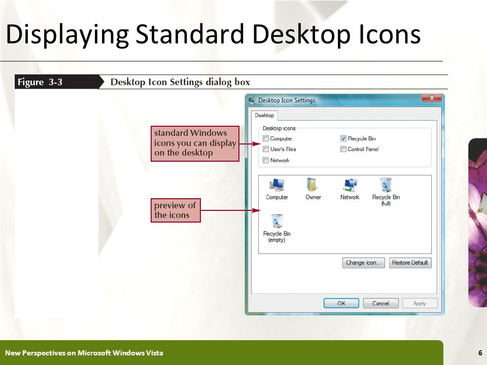 XP Displaying Standard Desktop Icons New Perspectives on Microsoft Windows Vista6