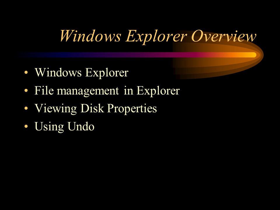 Windows Explorer Overview Windows Explorer File management in Explorer Viewing Disk Properties Using Undo