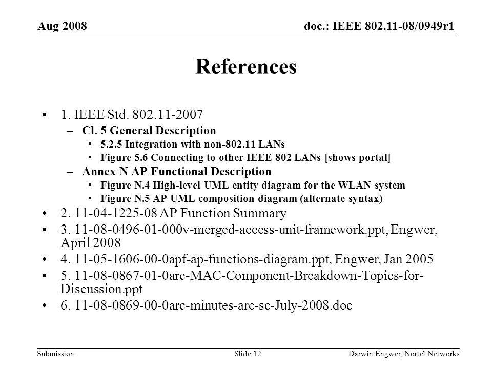 doc.: IEEE /0949r1 Submission Aug 2008 Darwin Engwer, Nortel NetworksSlide 12 References 1.