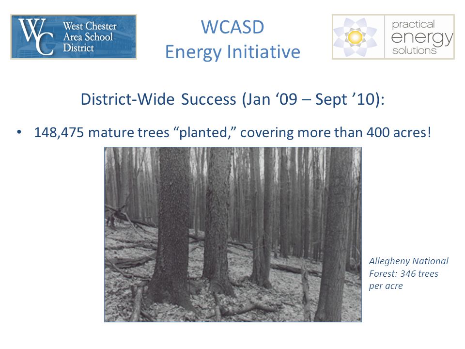 WCASD Energy Initiative District-Wide Success (Jan ‘09 – Sept ’10): 148,475 mature trees planted, covering more than 400 acres.