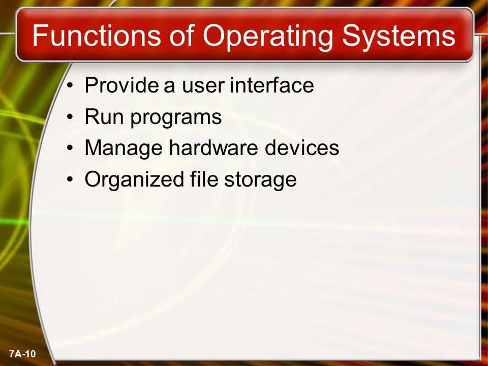 7A-10 Functions of Operating Systems Provide a user interface Run programs Manage hardware devices Organized file storage