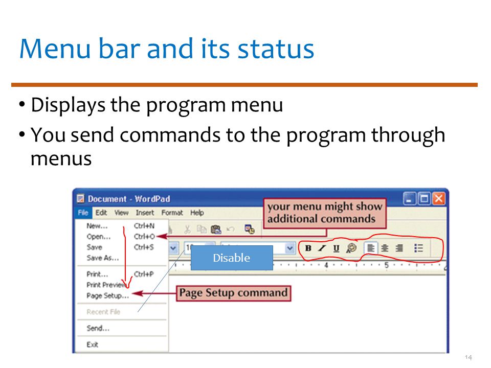 Menu bar and its status Displays the program menu You send commands to the program through menus 14 Disable
